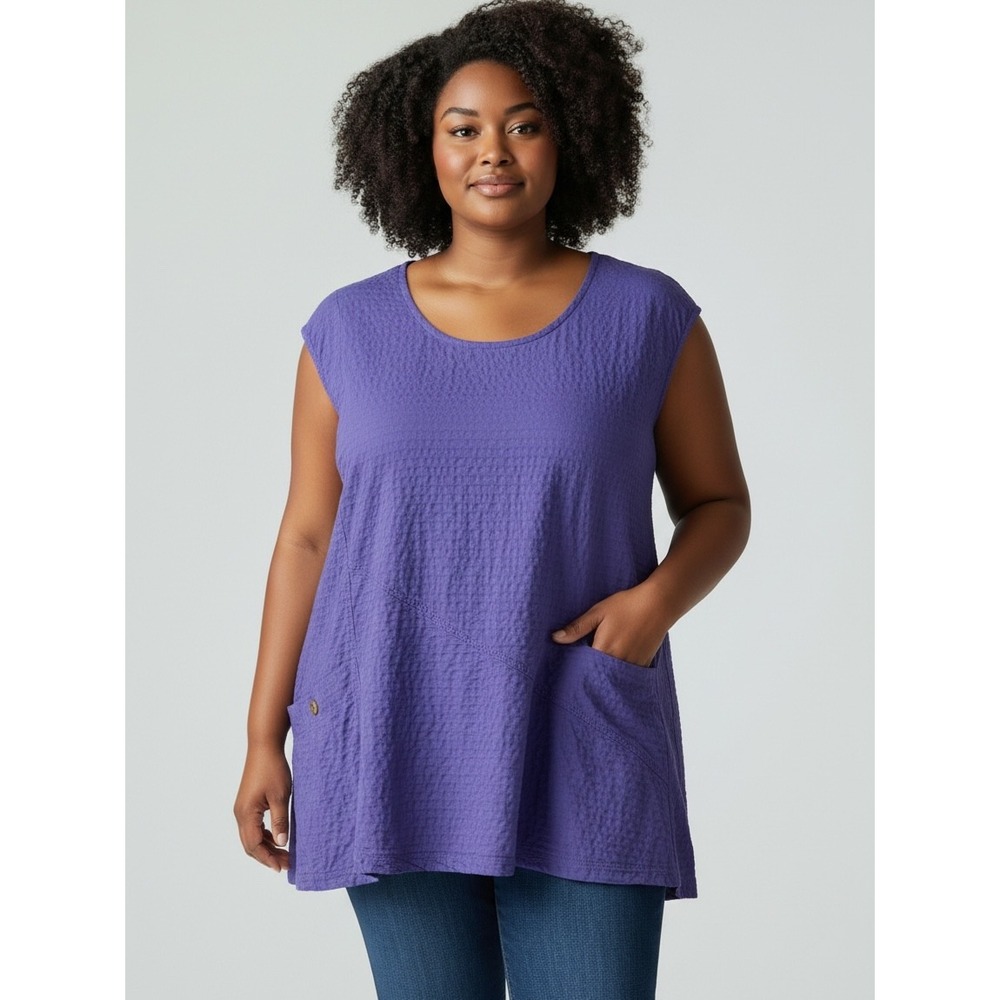 VERMONT COUNTRY STORE Tunic Top Sz 3X Purple Cotton Seersucker Pocket Lagenlook